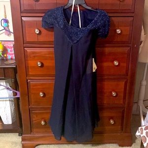 NWT Lan Ting navy chiffon dress with lace and rhinestone detail, 16